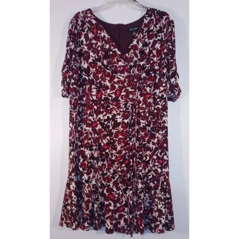 Jessica Howard Dress 18 W Ruched Flounce Hem A Line Maroon Multi V neck Lined
